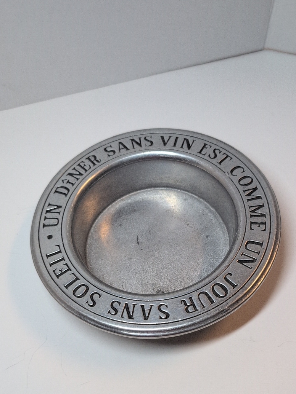 Vintage Pewter Wine Bottle Coaster  with French Inscription - Silver